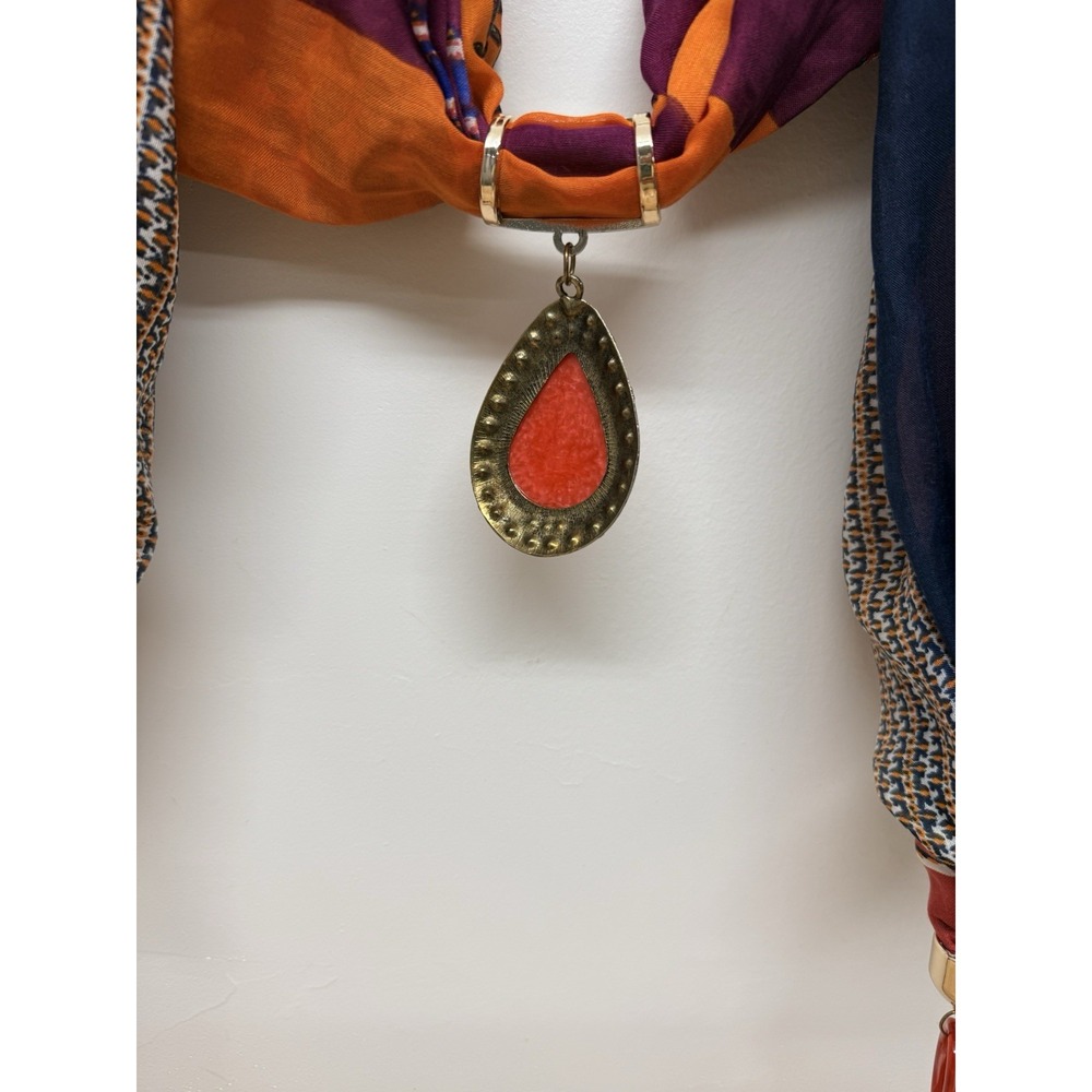 Women's Boho Scarf Necklace Orange Purple Jeweled Pendant Tassel Statement #64 - Picture 6 of 8